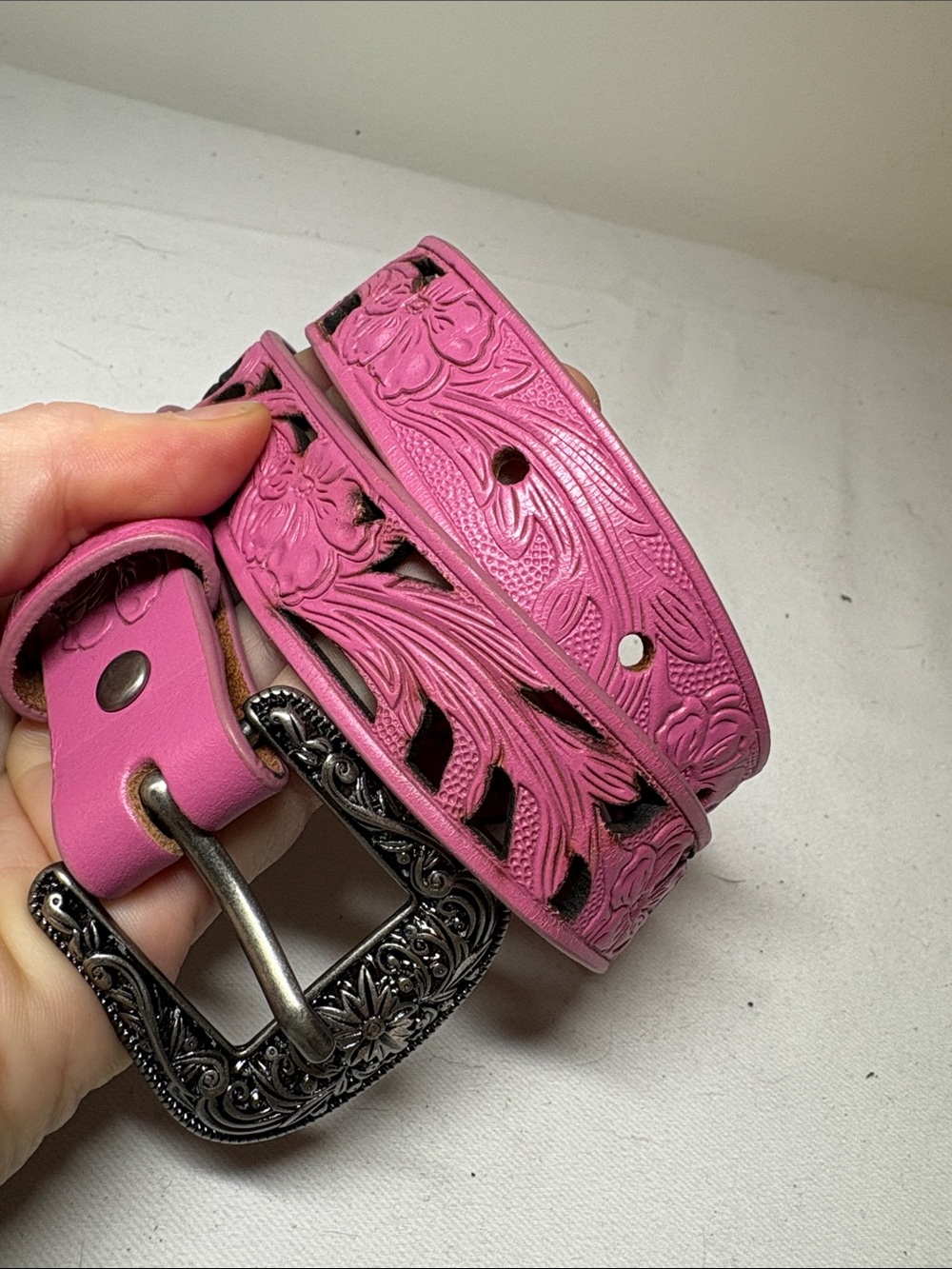 Shyanne Pink Tooled Leather Belt Size 22